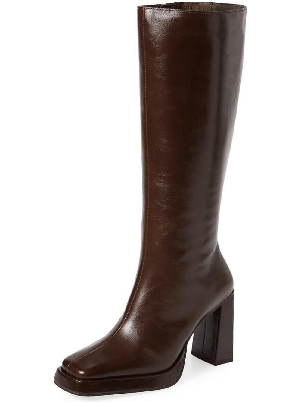 Women's Brown Faux Leather Square Toe Platform Chunky Block Heel Knee High Boots